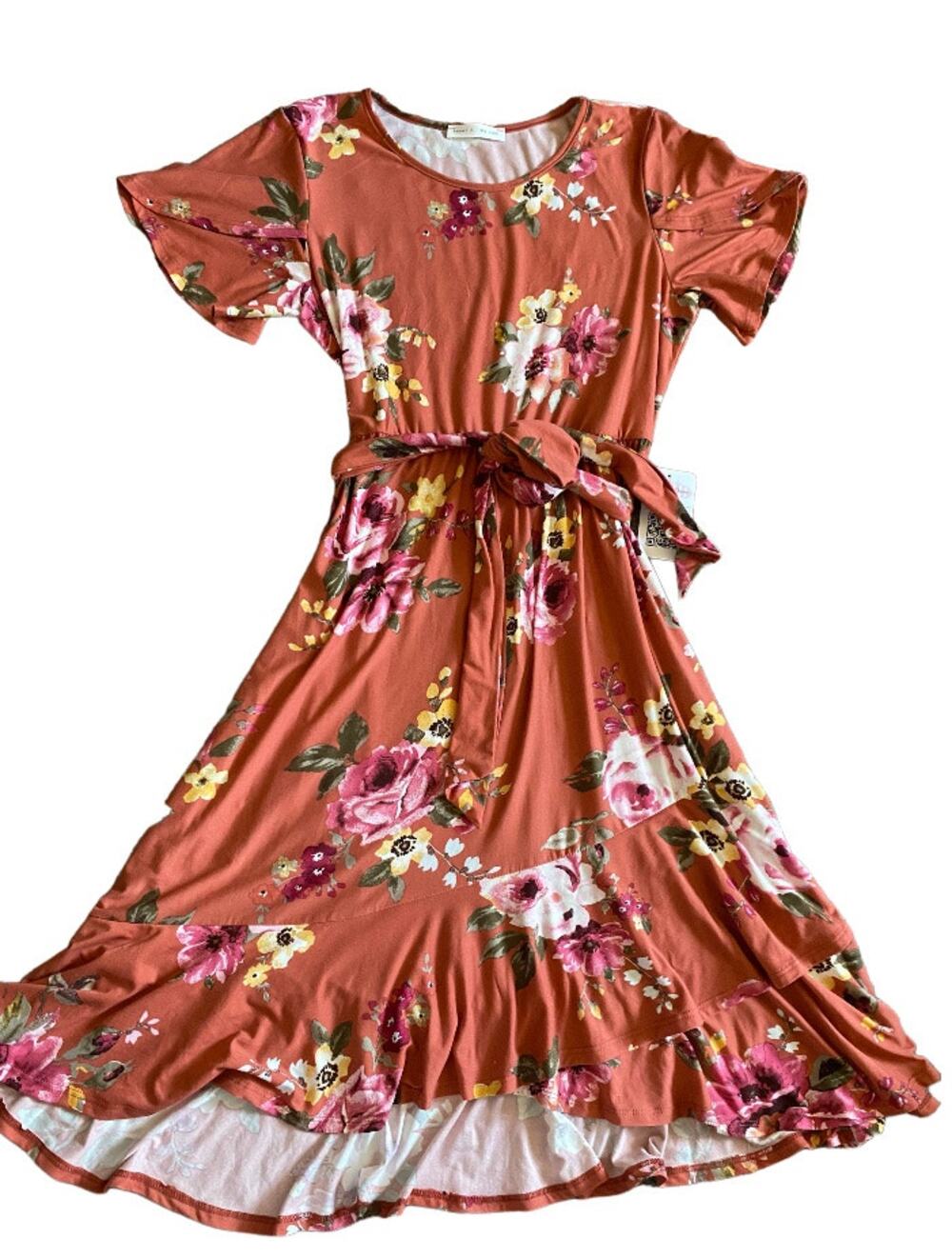 Reborn J Burnt Orange Floral Tie Waist Midi Dress Career Church Modest NWT Sz M